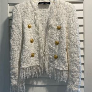 Balmain Collarless Fringe Tweed Jacket
